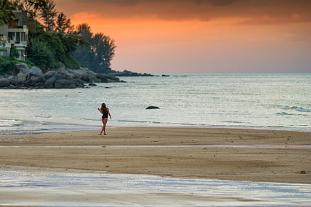 zonsondergang, vrouw, meisje, wandelen, strand, zand, Palm