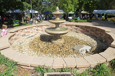 water fountain, brick, water feature, architecture, outdoors, park, public