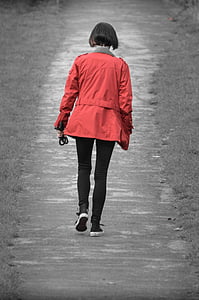 nő, lány, az emberek, piros, kabát, járda, út