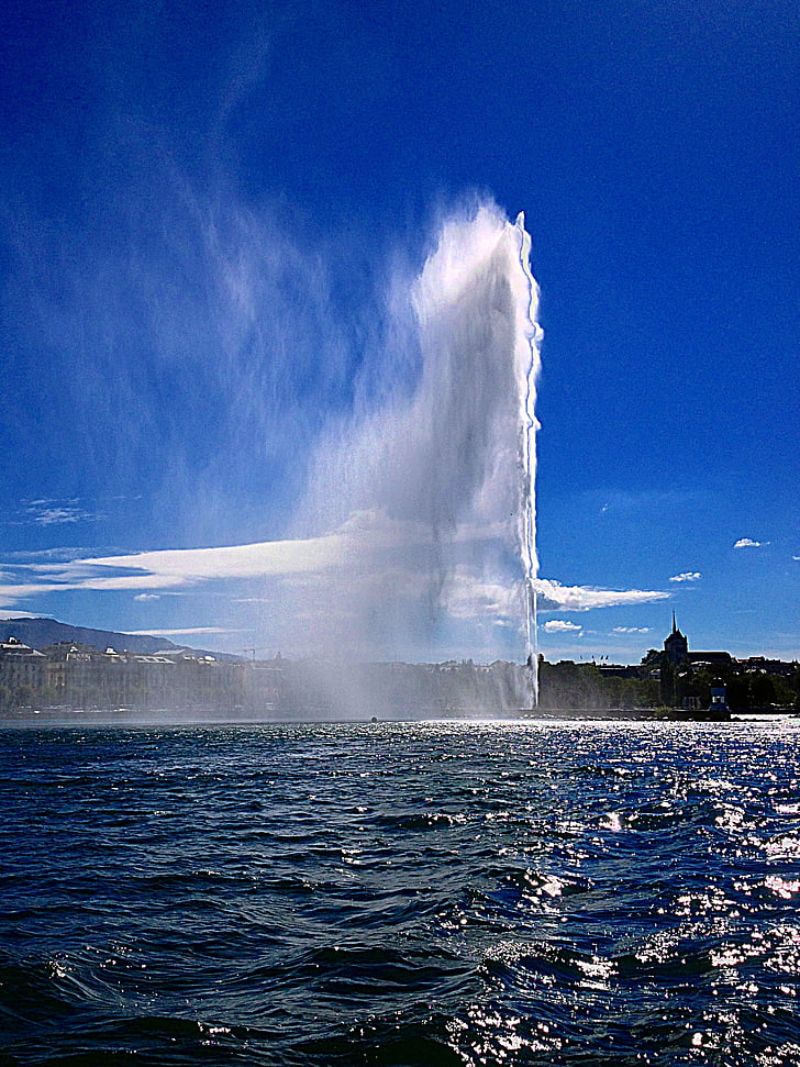 Ginevra, Lago di Ginevra, acqua, nuvole, Fontana, Jet d'Eau