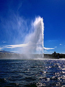 Ženeva, Ženevsko jezero, vode, oblaki, vodnjak, Jet d'eau