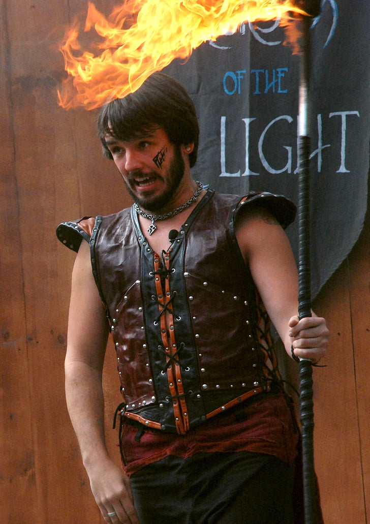 fire, dancer, man, leather, flame, performance, arms