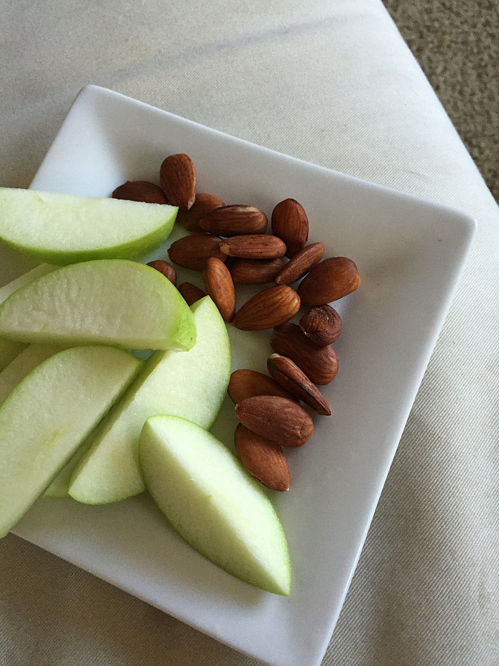snack, green apple, almonds, apple, fruit, food, healthy
