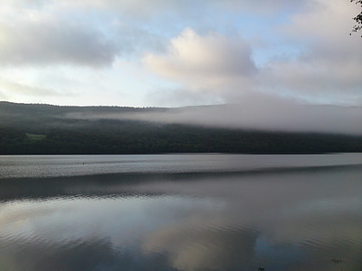Lake, Dawn, zonsopgang, mist, Bergen, hemel, wolken