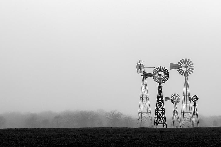 windmill, fog, black and white, negative space, mist, meadow, landscape