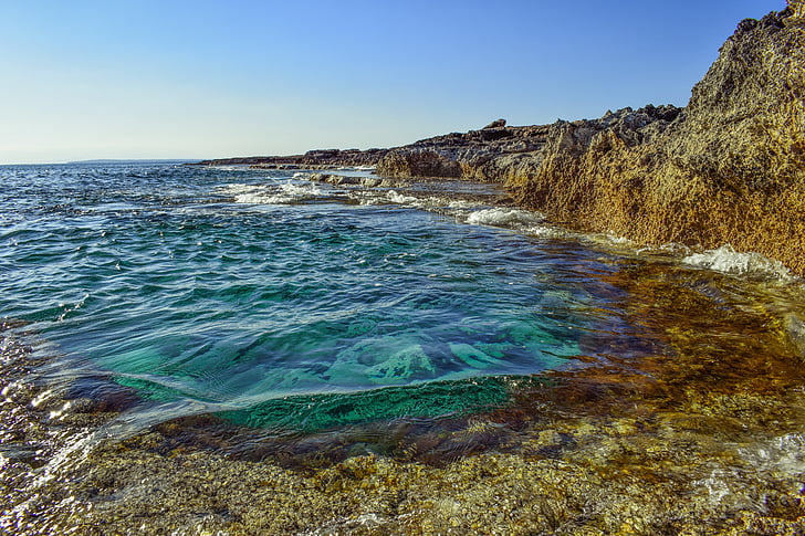 Costa, mar, Claro, turquesa, transparente, costa rochosa, natureza