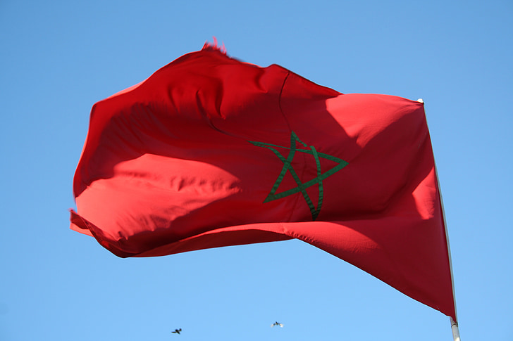 vlajka, červená, Maroko, rána, flutter síní, hvězda, vítr