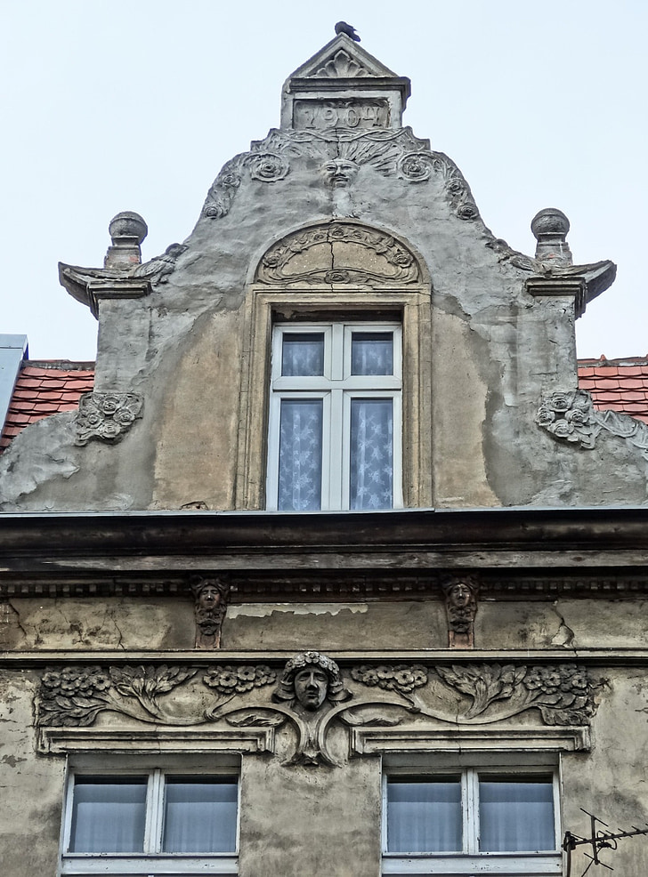 Bydgoszcz, Art nouveau, alívio, frontão, Gable, arquitetura, Polônia