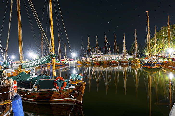 perahu zeesen, malam, Port, lampu, kapal, pemaparan panjang, foto malam