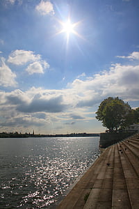 Ren, Ren Nehri, Mainz, Almanya, doğa, güneş ışığı, sular