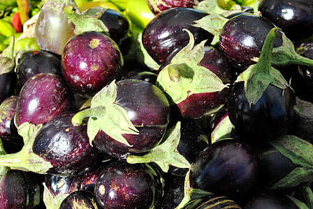 auberginer, grøntsager, landmænd marked, lilla, mad, lilla og grøn, vegetabilsk