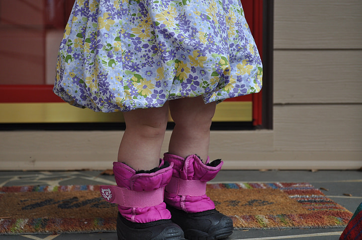 child, girl, cute, pink, waiting, rain boots, rainy day