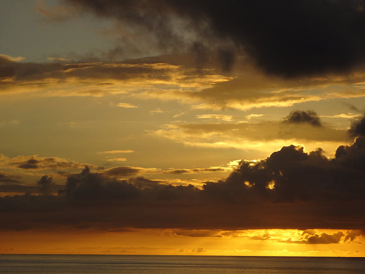 puesta de sol, Okinawa, mar, cielo naranja, nube