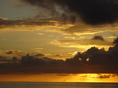 coucher de soleil, Okinawa, mer, ciel orange, Nuage
