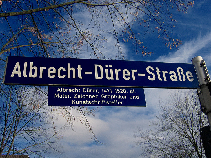 Straßenname, Straßenschild, Schild, Straße, Albrecht dürer, Maler, im Mittelalter