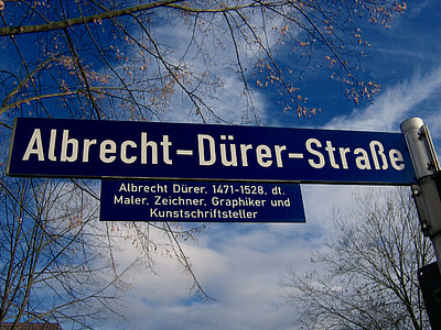 ielas nosaukums, ielu zīmes, vairogs, ceļu satiksmes, Albrehts Dīrers, gleznotājs, viduslaikos