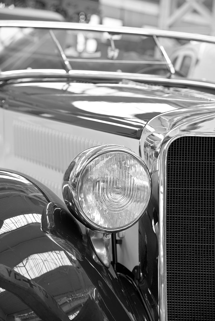 gray, vintage, car, Spotlight, Oldtimer, Auto, Automotive