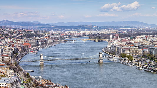 Budapest, Donau, Citadel, broar, Kedjebron, floden, ovan Donau
