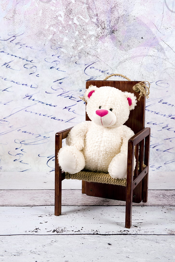 putih, Studio, maskot, menyenangkan, Duduk, kursi, boneka beruang