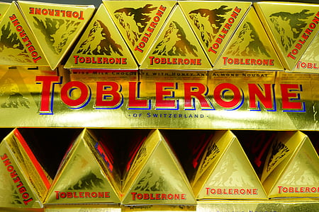 Toblerone, csokoládé, édesség, csomagolt, ragyog, arany, csomagolás