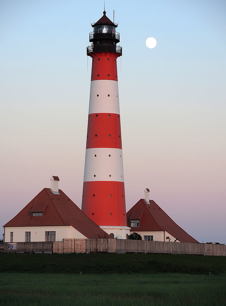 Deniz feneri, Westerhever, Dolunay, Nordfriesland iline bağlı, Wadden Denizi, Sahil, Bina