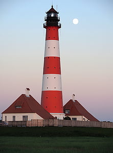 phare, Westerhever, pleine lune, Nordfriesland, mer des Wadden, Côte, bâtiment