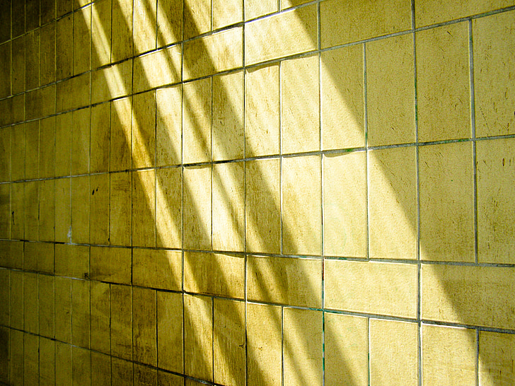 타일, 벽, 노란색, 개요, 오래 된, 빛, 도시