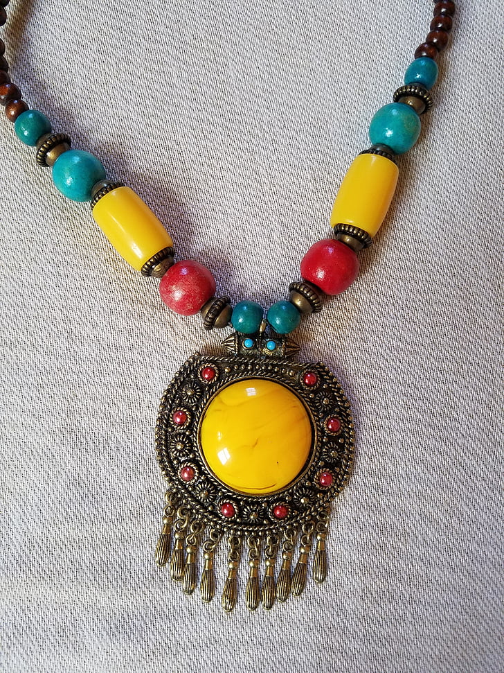necklace, blue yellow red and brown, jewel, accessories, woman, style, elegant