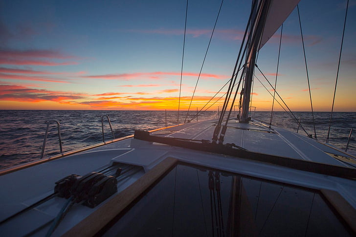 boat, sailing, landscape, sunset, orange sky, evening, dusk