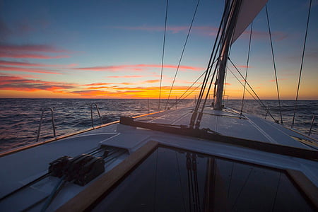 båt, segling, landskap, solnedgång, Orange himlen, kvällen, skymning