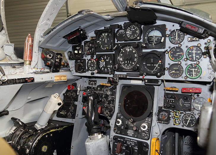 avión, combatiente de la, cabina, instrumento, panel, indicadores de, control