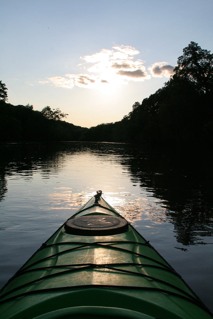 Río, kayak, kayak, infantil, verano, puesta de sol, recreación