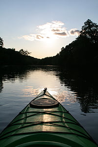 floden, kajak, kajakpaddling, paddling, sommar, solnedgång, rekreation