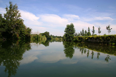 reflecties, bomen, rivier, spiegel, water, Charente