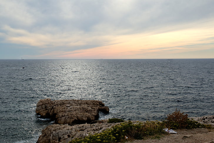 Захід сонця, море, Марсель, рок, води, небо, пляж