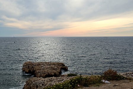zalazak sunca, more, Marseille, stijena, vode, nebo, plaža
