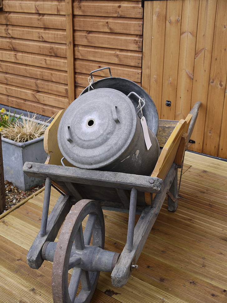 wheelbarrow, zinc, vintage, french, garden, outdoor, old