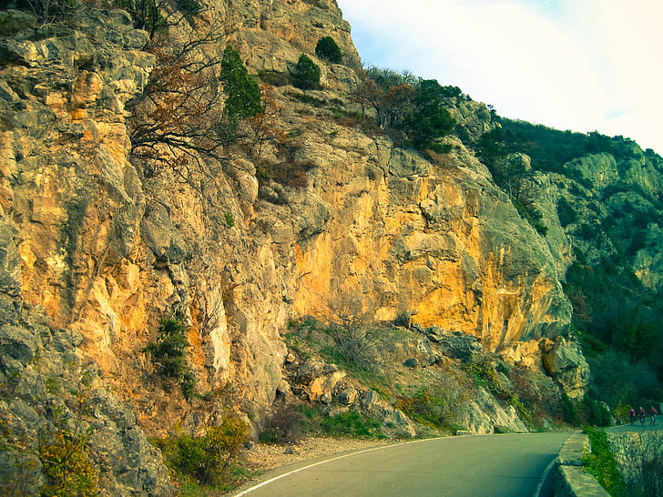 mountain, road, cyclists, rock, outdoor, lifestyle, nature