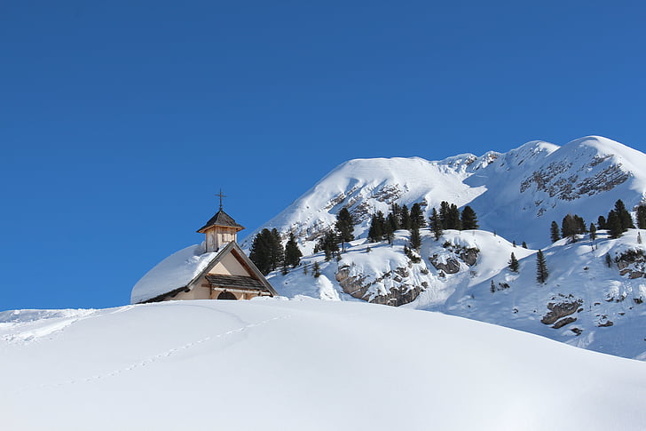 téli, hó, Dél-Tirol, Olaszország, kápolna, hegyek, alpesi