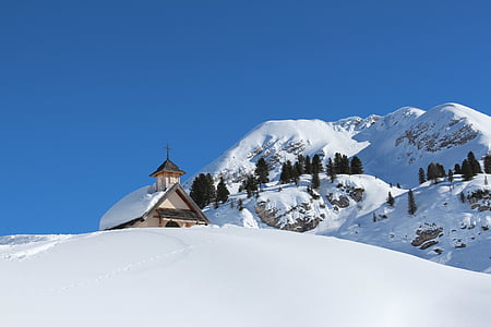 winter, snow, south tyrol, italy, chapel, mountains, alpine