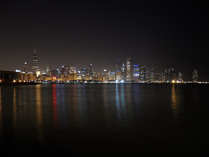 chicago night, lake michigan, reflection, skyline, chicago, city, downtown