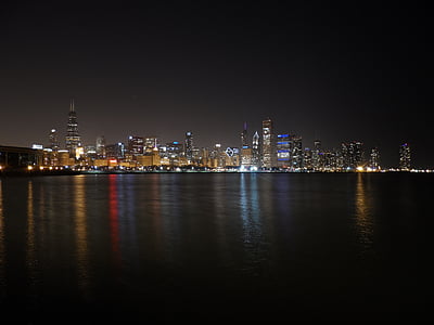 Chicago noc, Michiganské jazero, reflexie, Skyline, Chicago, mesto, Downtown