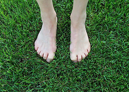 descalç, a l'exterior, peus, herba, l'estiu