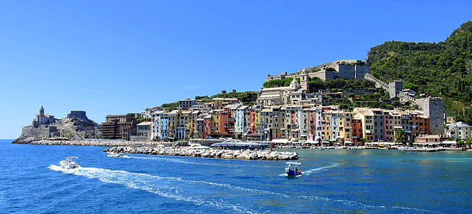 Domy, kolory, morze, Porto venere, Liguria, Włochy, wody