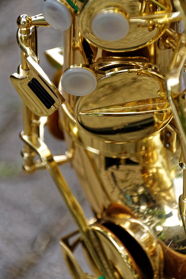 saxofon, přístroj, hudební nástroj, Dechový nástroj, žesťový nástroj, Detailní záběr, analogový