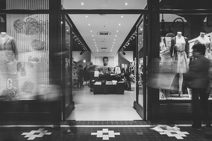 black-and-white, shop, store, street, people