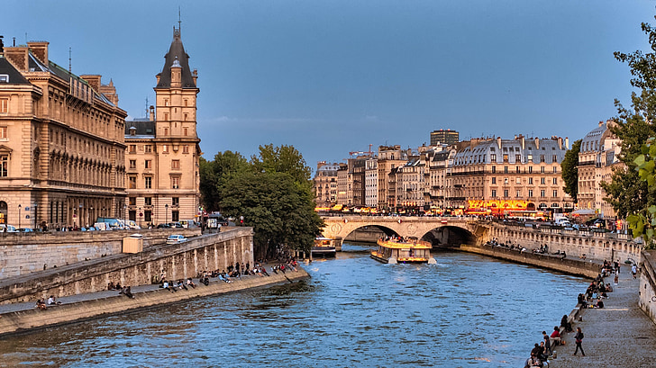 Река Сена, мост, Pont Мишель, Париж, Франция, воды, Архитектура