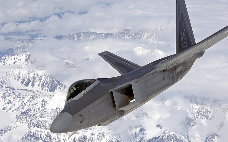jet, raptor, f-22, aircraft, military, air force, mountains