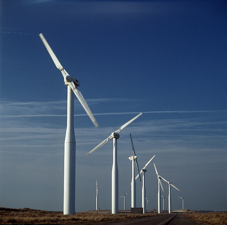 Molins de vent, granja, tecnologia, energia, camp, poder, turbina