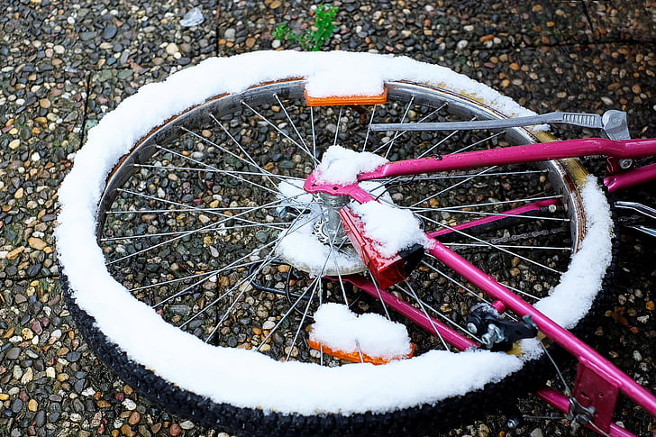 rueda, bicicleta, acero inoxidable, obsoleto, invierno, nieve